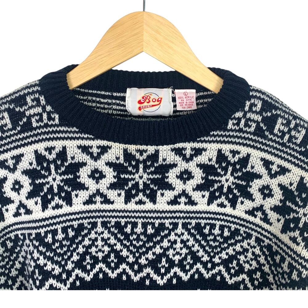 Vintage BOG Sport Men's Black and White Nordic Crewneck Sweater Sz L - Picture 3 of 7